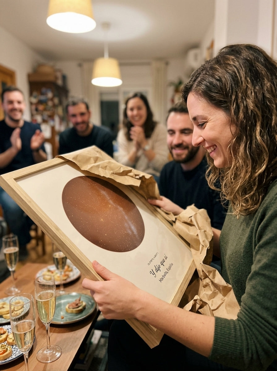 Abriendo el regalo del cuadro mapa estelar personalizado de pedida de mano en una comida familiar