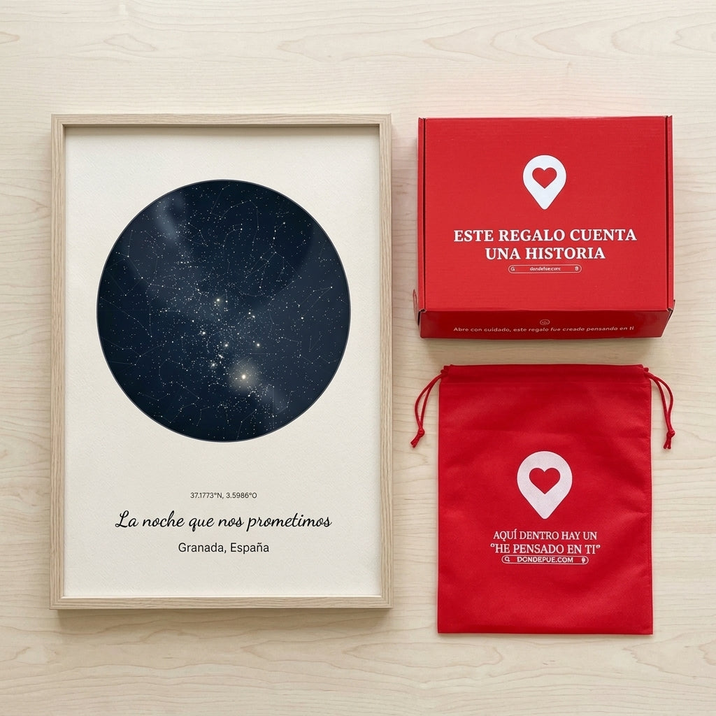 Cuadro mapa estelar personalizado de pedida de mano junto a la caja y la bolsa de regalo de Donde Fue