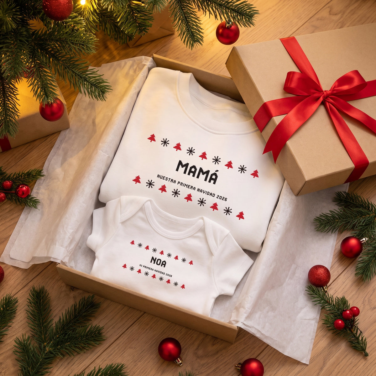 Caja de regalo bajo el árbol con la sudadera «MAMÁ · NUESTRA PRIMERA NAVIDAD 2026» y el body «NOA», estilo jersey de punto