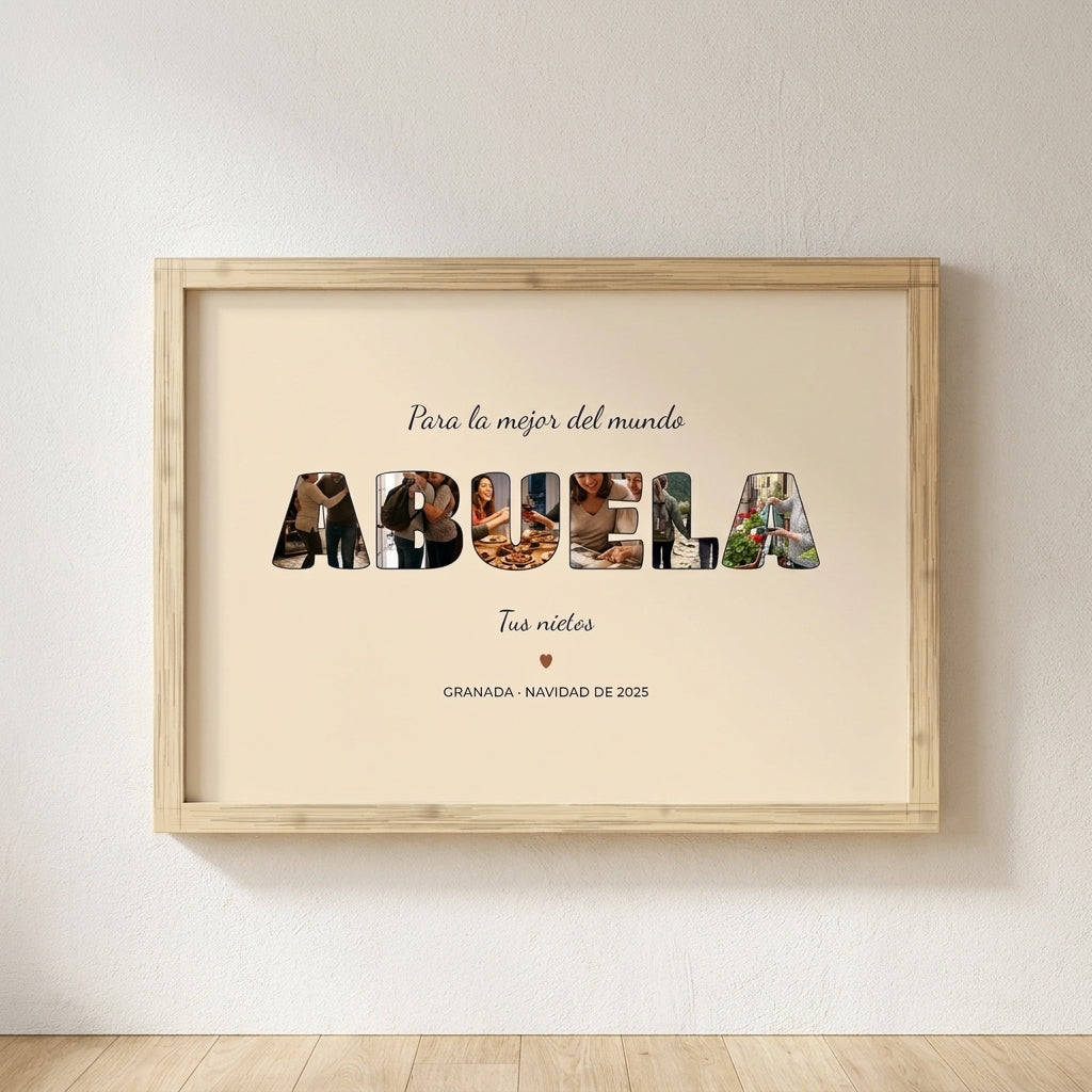 Cuadro personalizado para la abuela con fotos dentro de las letras, enmarcado y colgado en una pared clara