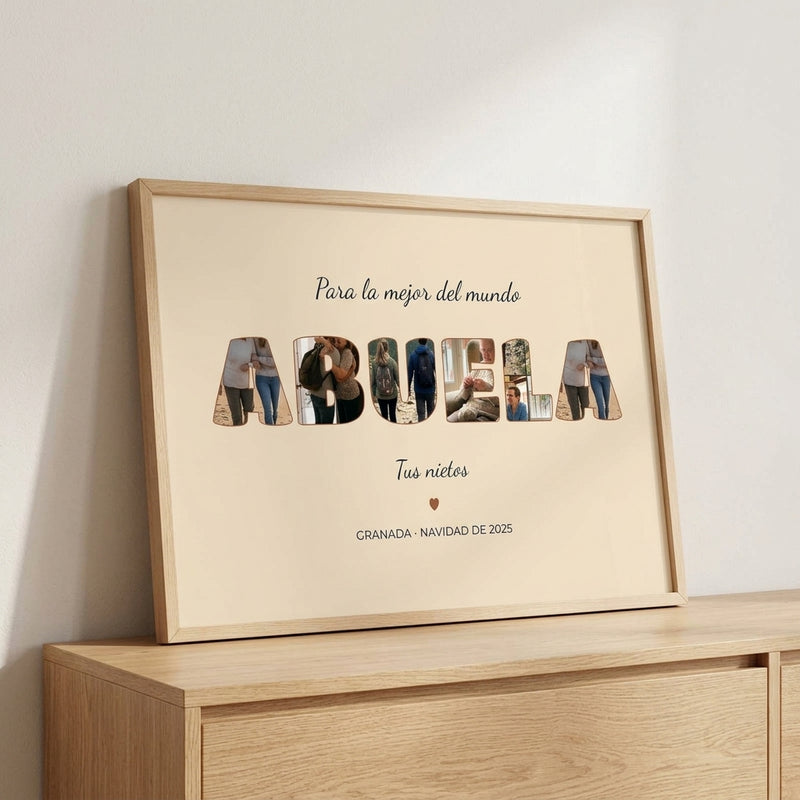 Cuadro personalizado para la abuela con fotos dentro de las letras, enmarcado y colgado en una pared clara