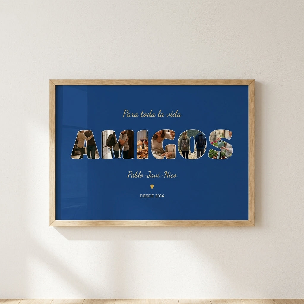 Cuadro personalizado para amigos con fotos dentro de las letras, enmarcado y colgado en una pared clara