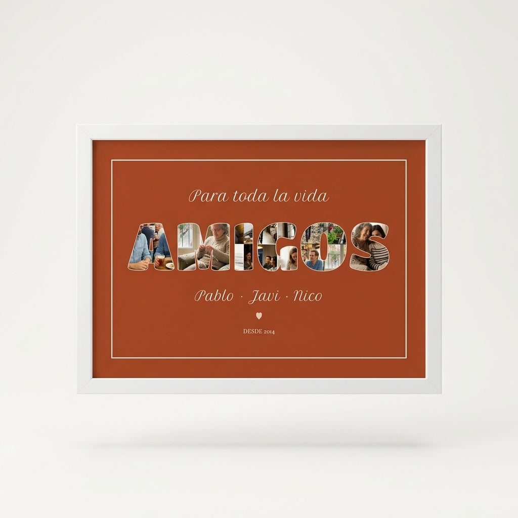 Cuadro personalizado para amigos con fotos dentro de las letras, foto de estudio sobre fondo neutro