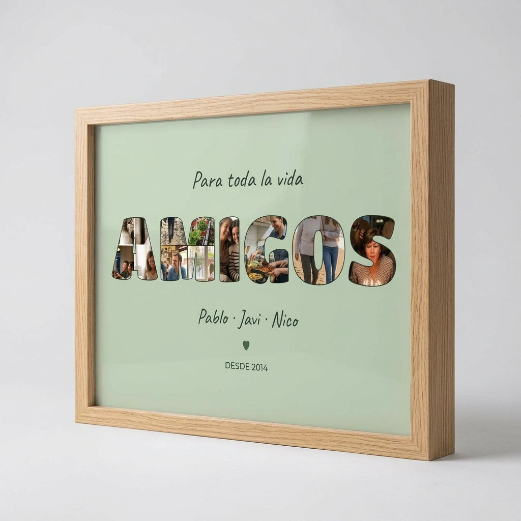 Cuadro personalizado para amigos con fotos dentro de las letras, visto de perfil para apreciar el grosor del marco