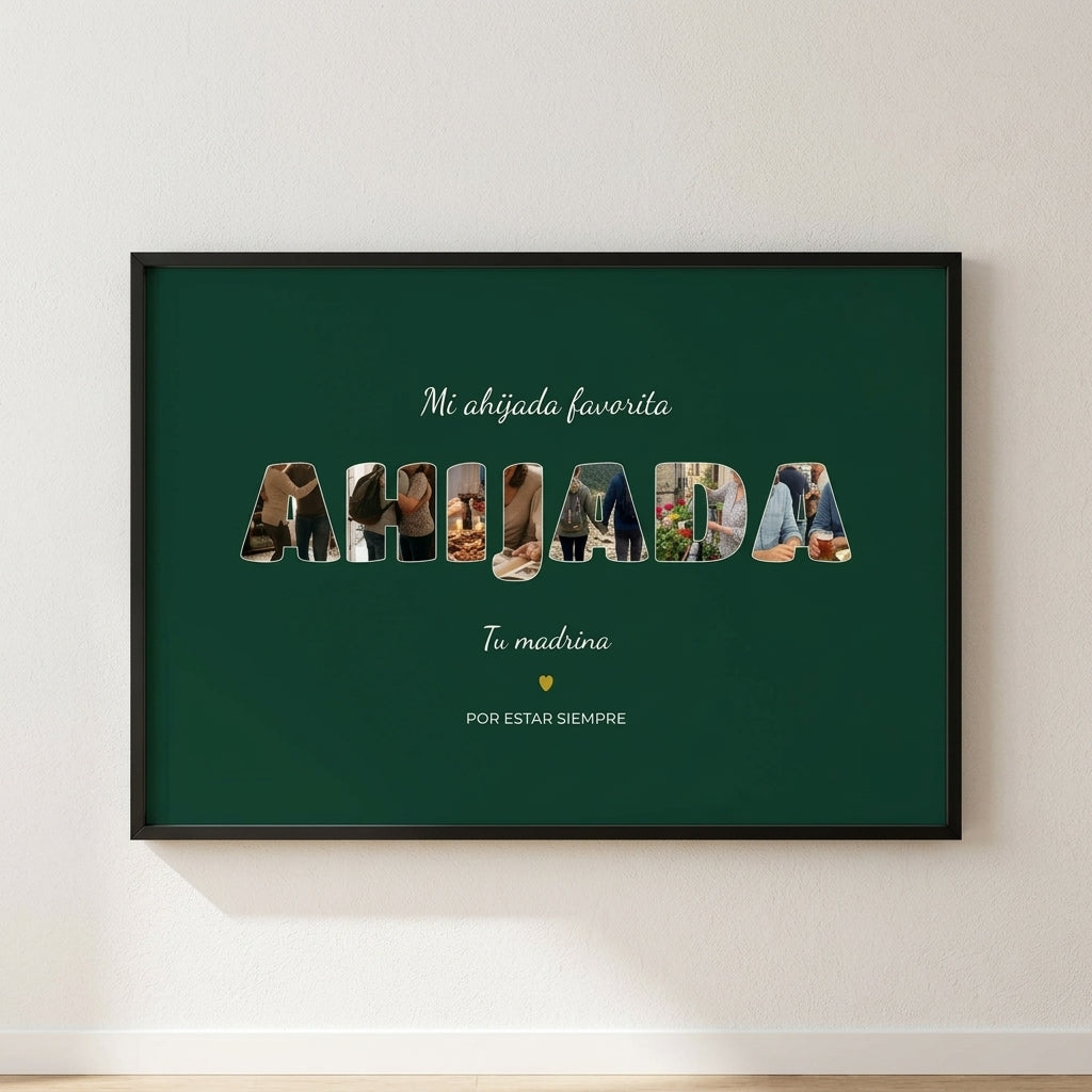 Cuadro personalizado para la ahijada con fotos dentro de las letras, enmarcado y colgado en una pared clara