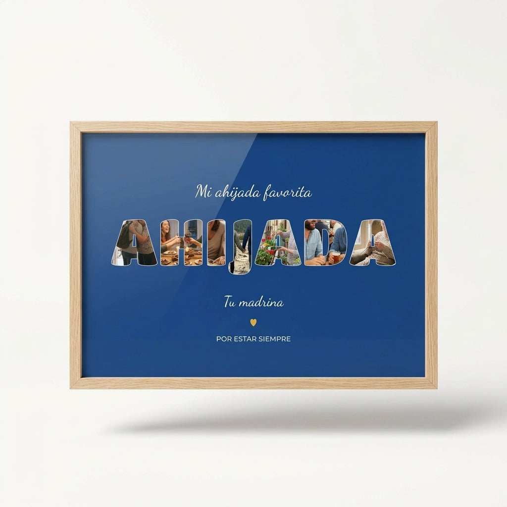 Cuadro personalizado para la ahijada con fotos dentro de las letras, foto de estudio sobre fondo neutro