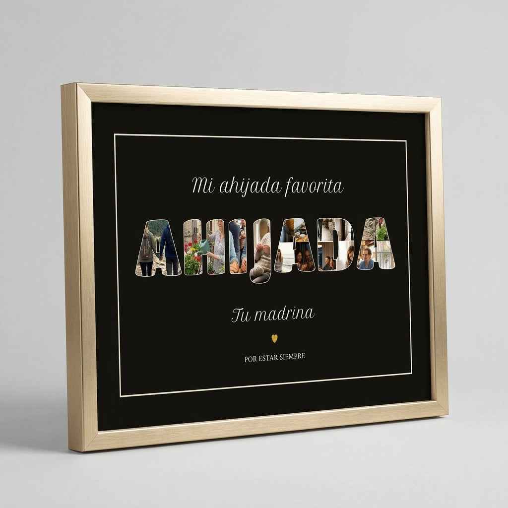 Cuadro personalizado para la ahijada con fotos dentro de las letras, visto de perfil para apreciar el grosor del marco