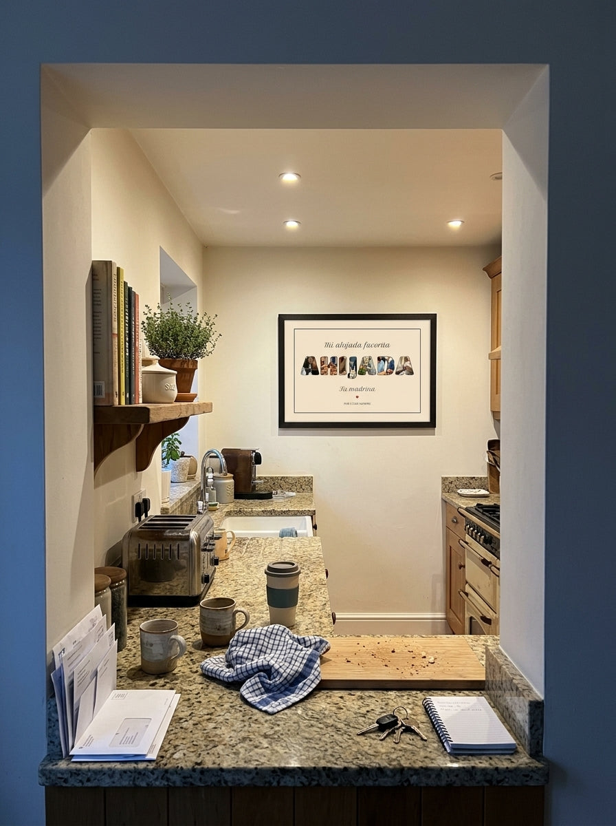 Cuadro personalizado para la ahijada con fotos dentro de las letras visto desde la puerta de la habitación