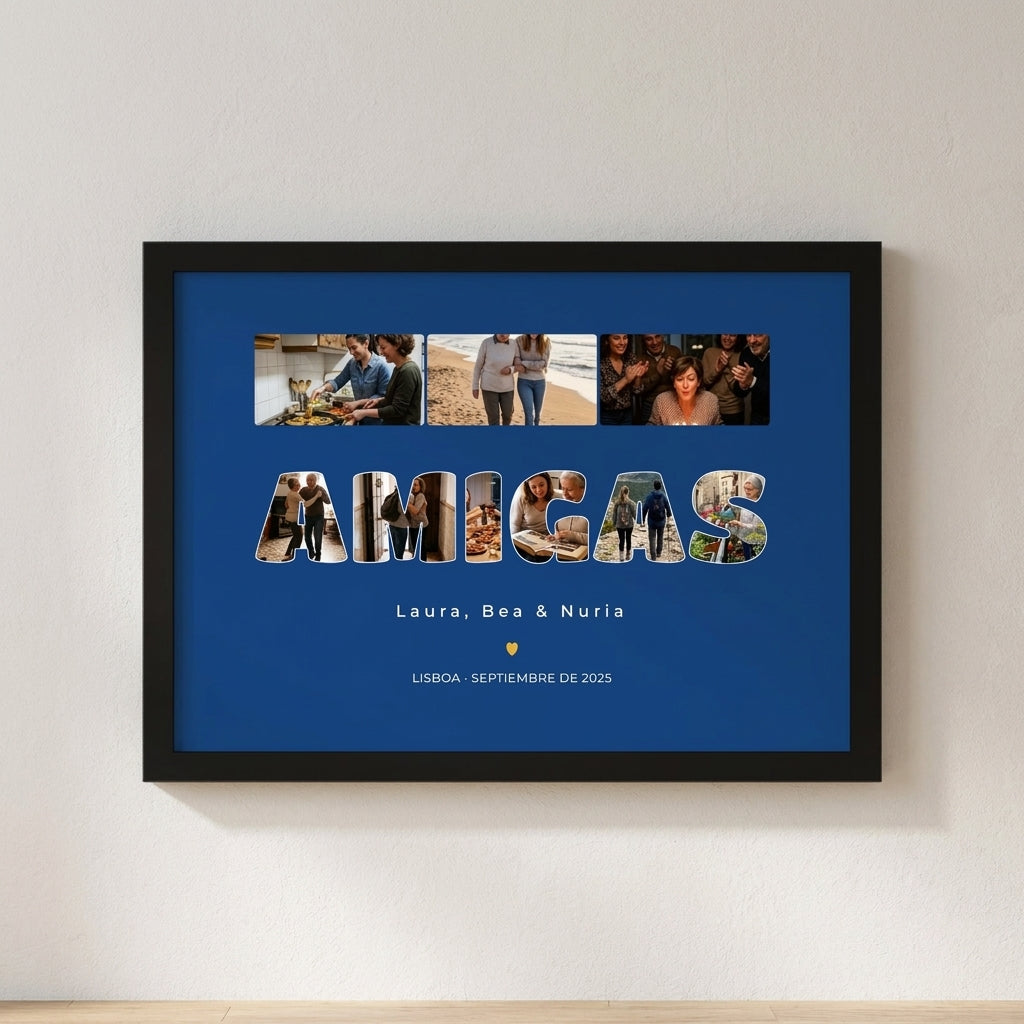 Cuadro personalizado para amigas con fotos dentro de las letras, enmarcado y colgado en una pared clara