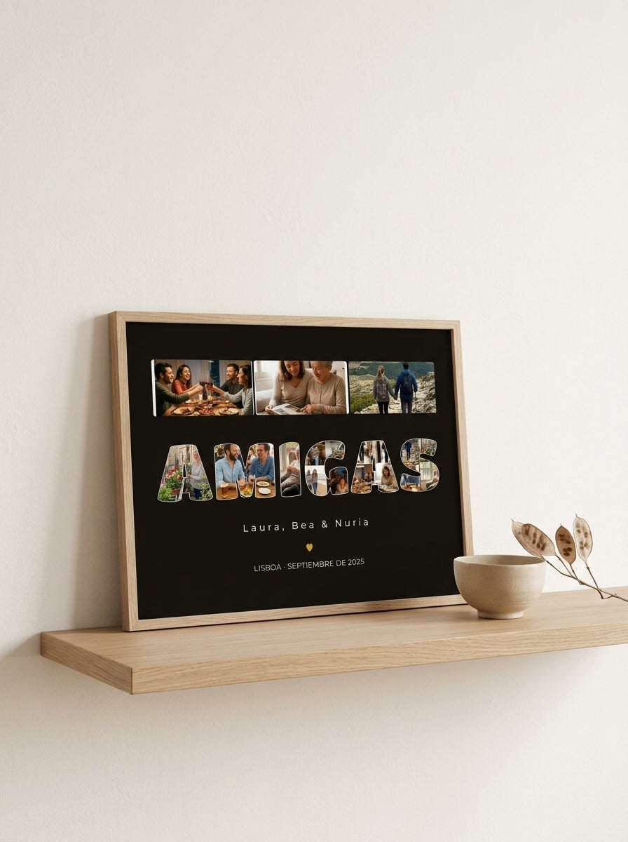 Quadro personalizado para amigas con fotos dentro de las letras apoyado en una balda de roble en un interior japandi
