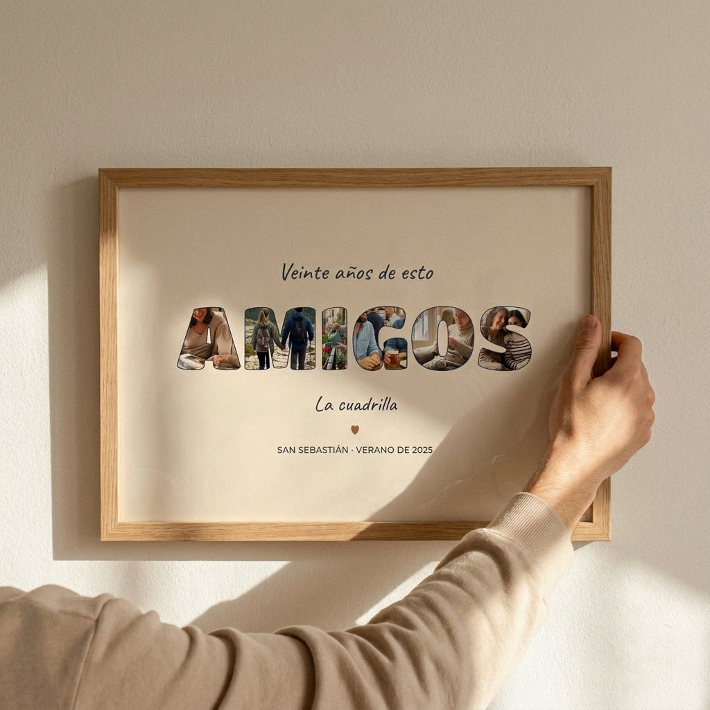 Ajustando cuadro personalizado para amigas con fotos dentro de las letras recién colgado en la pared