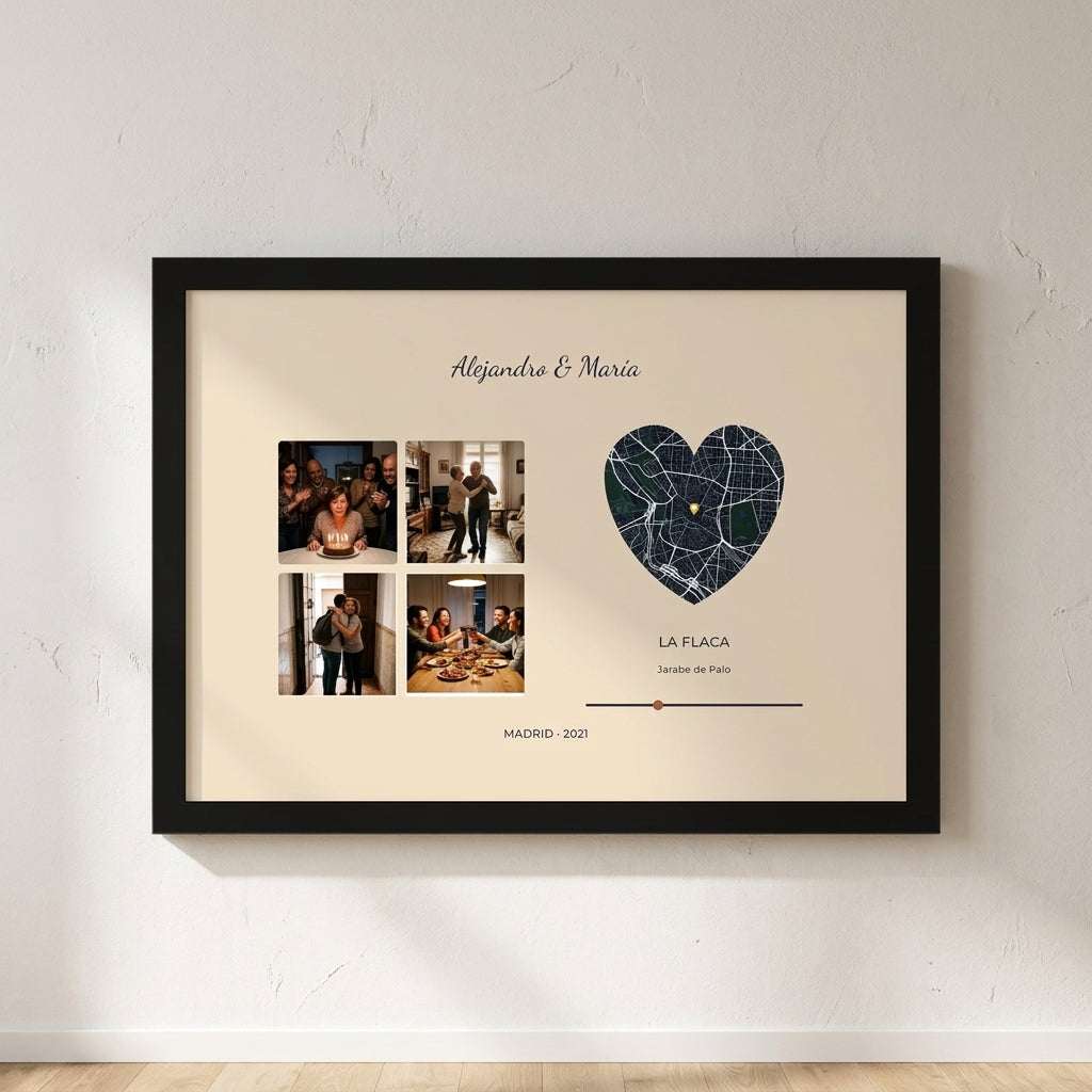 Cuadro personalizado de vuestra canción con fotos y mapa, enmarcado y colgado en una pared clara