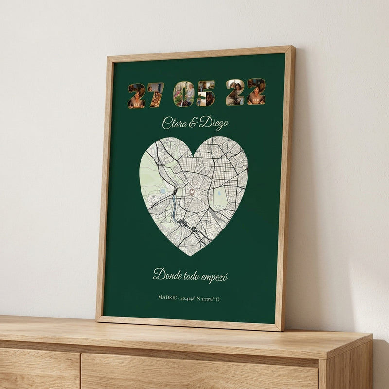 Cuadro personalizado con vuestra fecha y el mapa del lugar, enmarcado y colgado en una pared clara