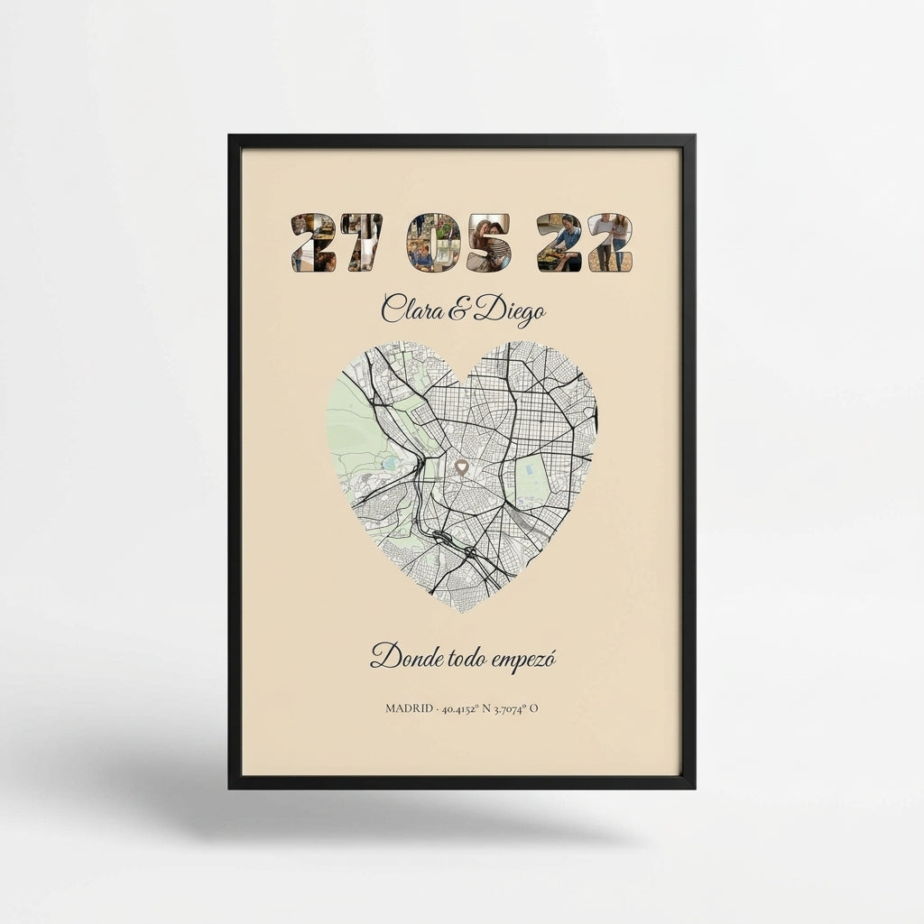 Quadro personalizado con vuestra fecha y el mapa del lugar, foto de estudio sobre fondo neutro