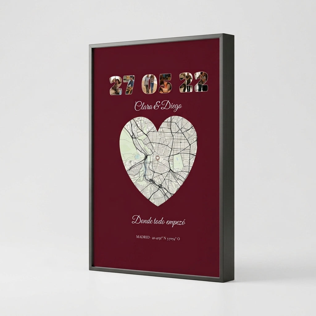 Quadro personalizado con vuestra fecha y el mapa del lugar, visto de perfil para apreciar el grosor del marco