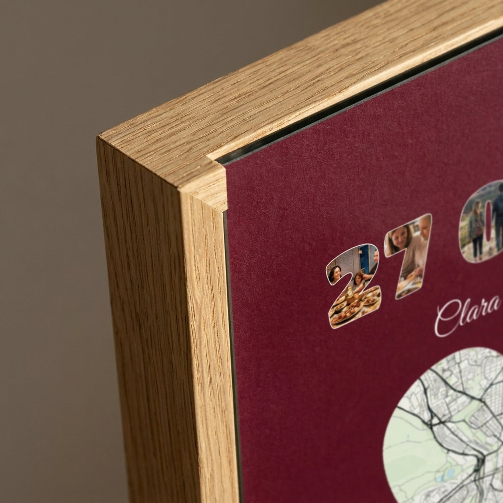 Detalle de la esquina del marco de cuadro personalizado con la fecha y el mapa de vuestro lugar