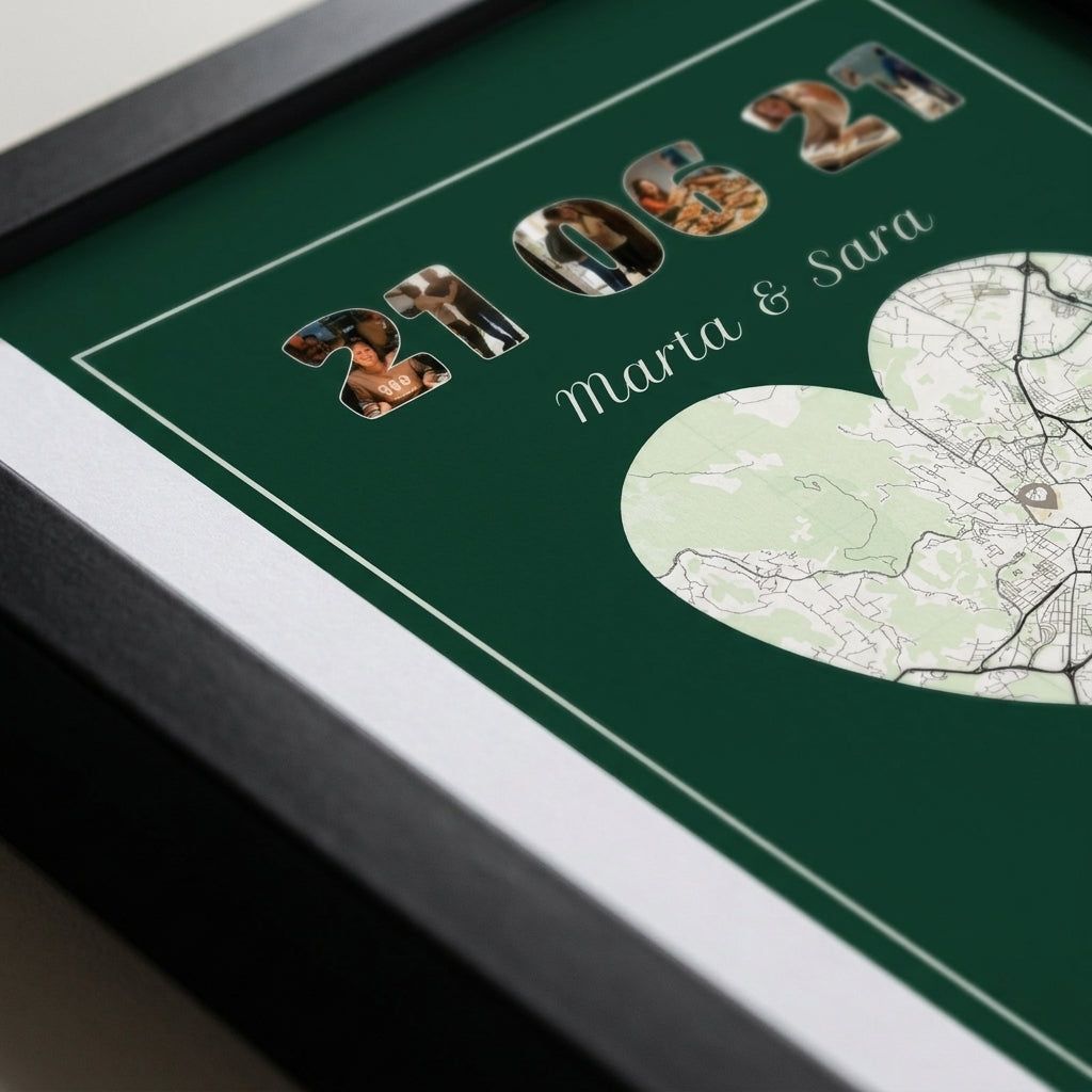 Detalle del margen y la impresión de cuadro personalizado con la fecha y el mapa de vuestro lugar