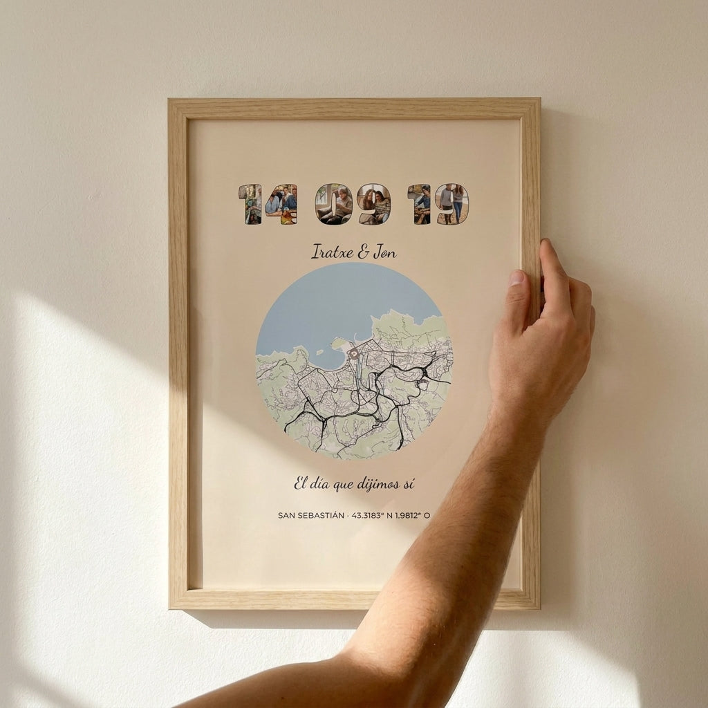 Ajustando cuadro personalizado con la fecha y el mapa de vuestro lugar recién colgado en la pared