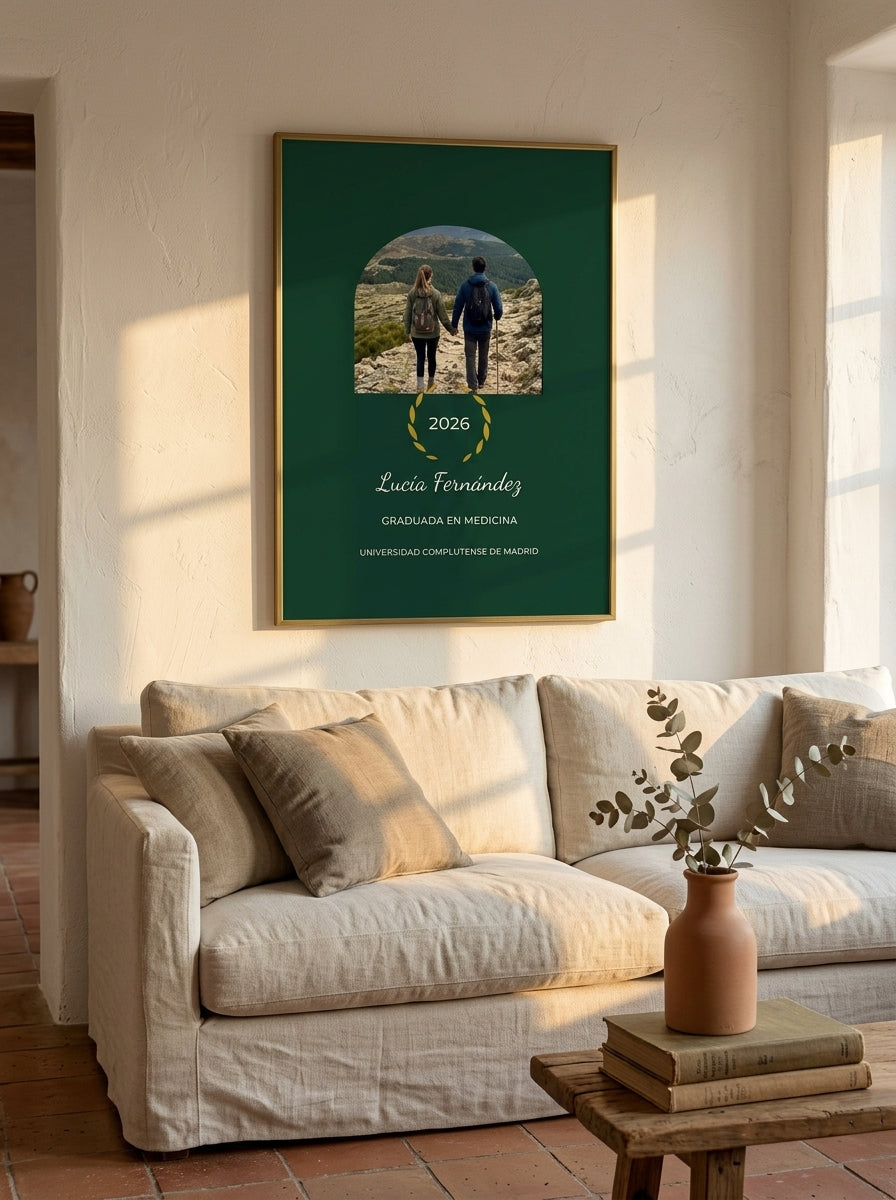 Quadro personalizado de graduación colgado en un salón con luz natural