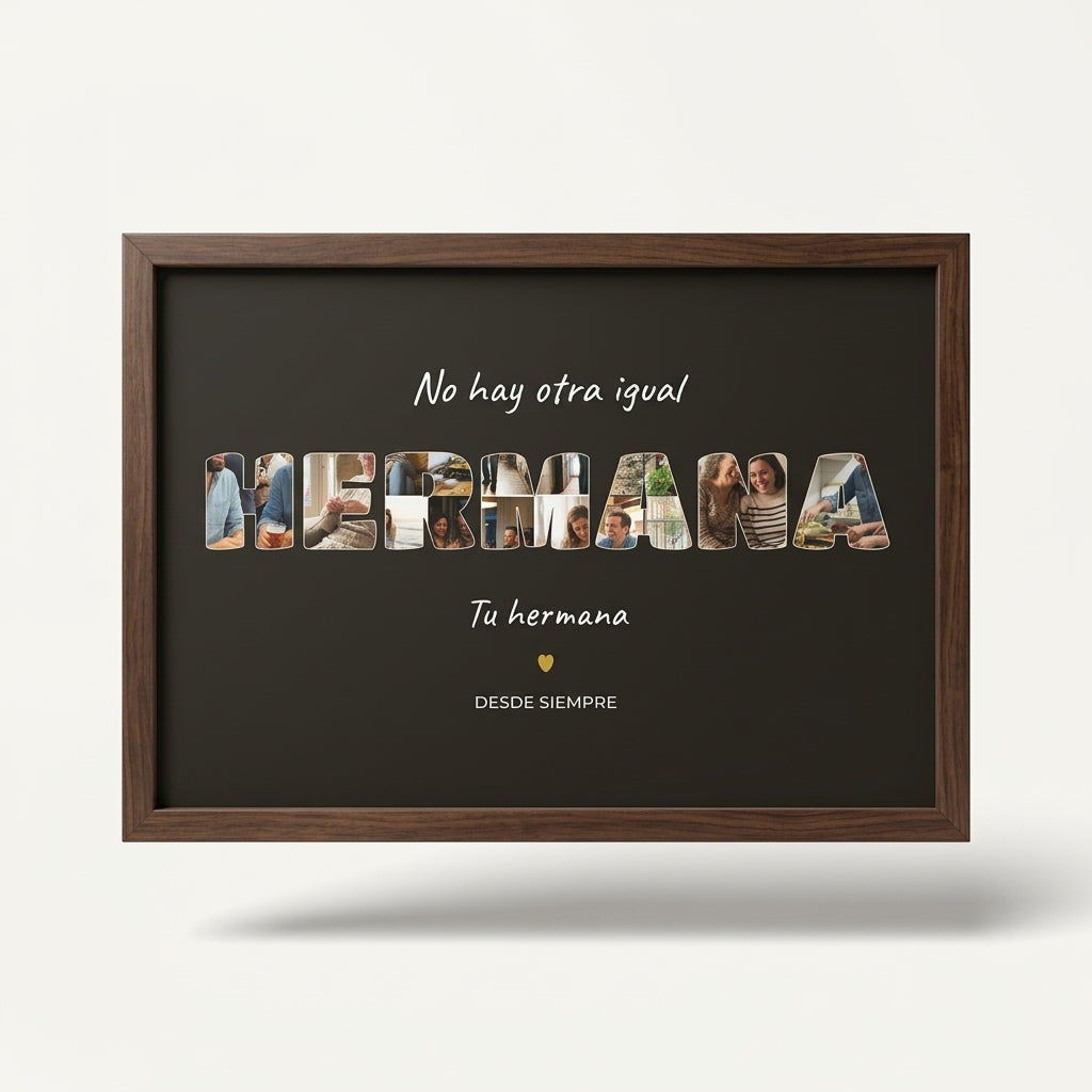 Cuadro personalizado para tu hermana con fotos dentro de las letras, foto de estudio sobre fondo neutro