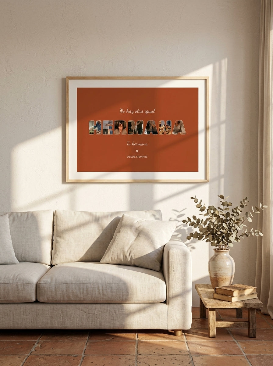 Cuadro personalizado para tu hermana con fotos dentro de las letras colgado en un salón con luz natural