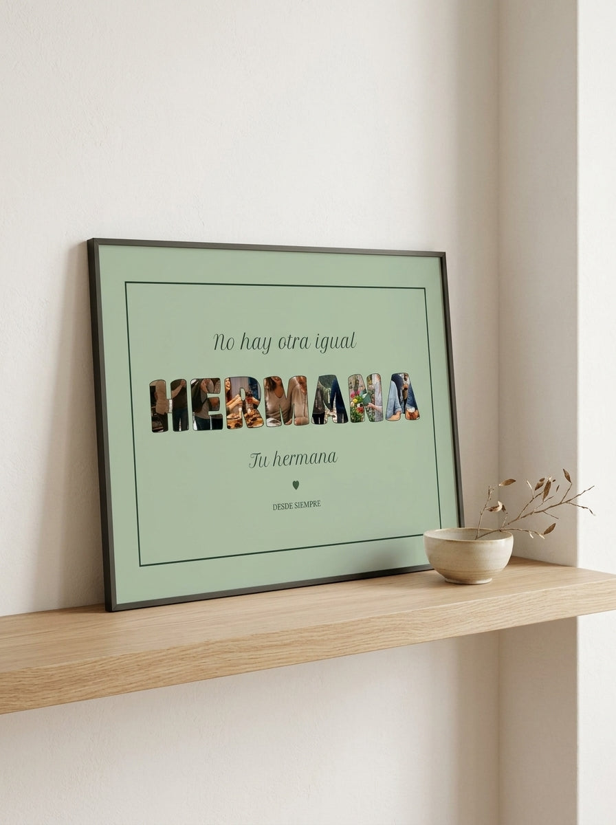 Cuadro personalizado para tu hermana con fotos dentro de las letras apoyado en una balda de roble en un interior japandi