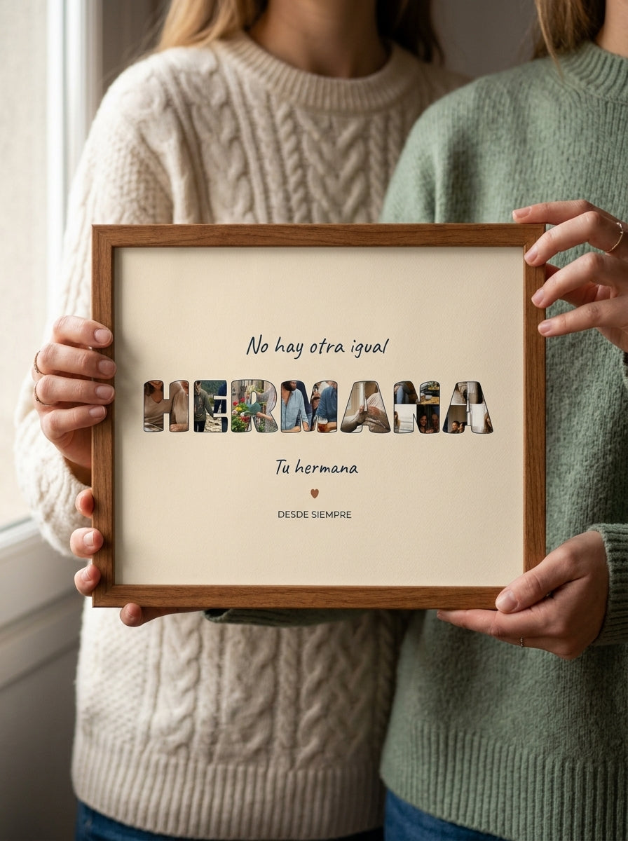 Mirando cuadro personalizado para tu hermana con fotos dentro de las letras recién colgado