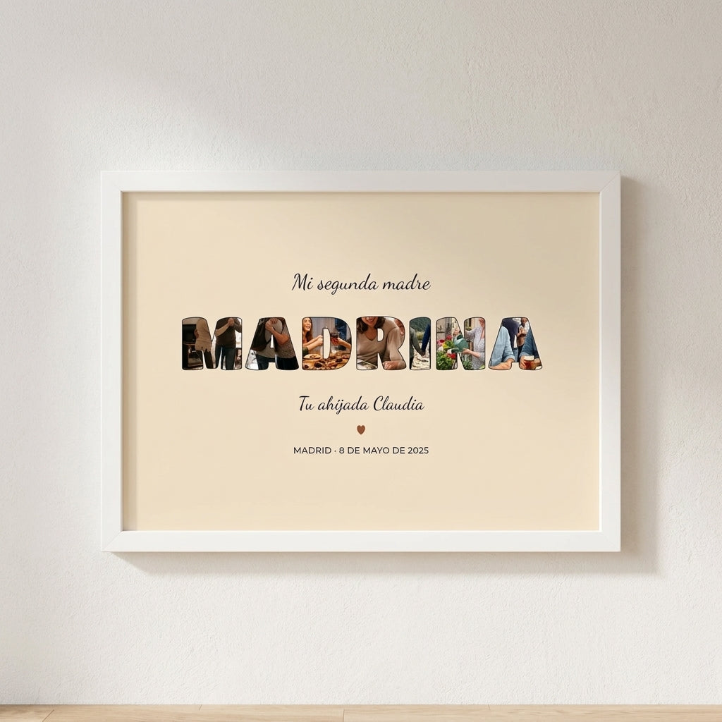 Cuadro personalizado para la madrina con fotos dentro de las letras, enmarcado y colgado en una pared clara
