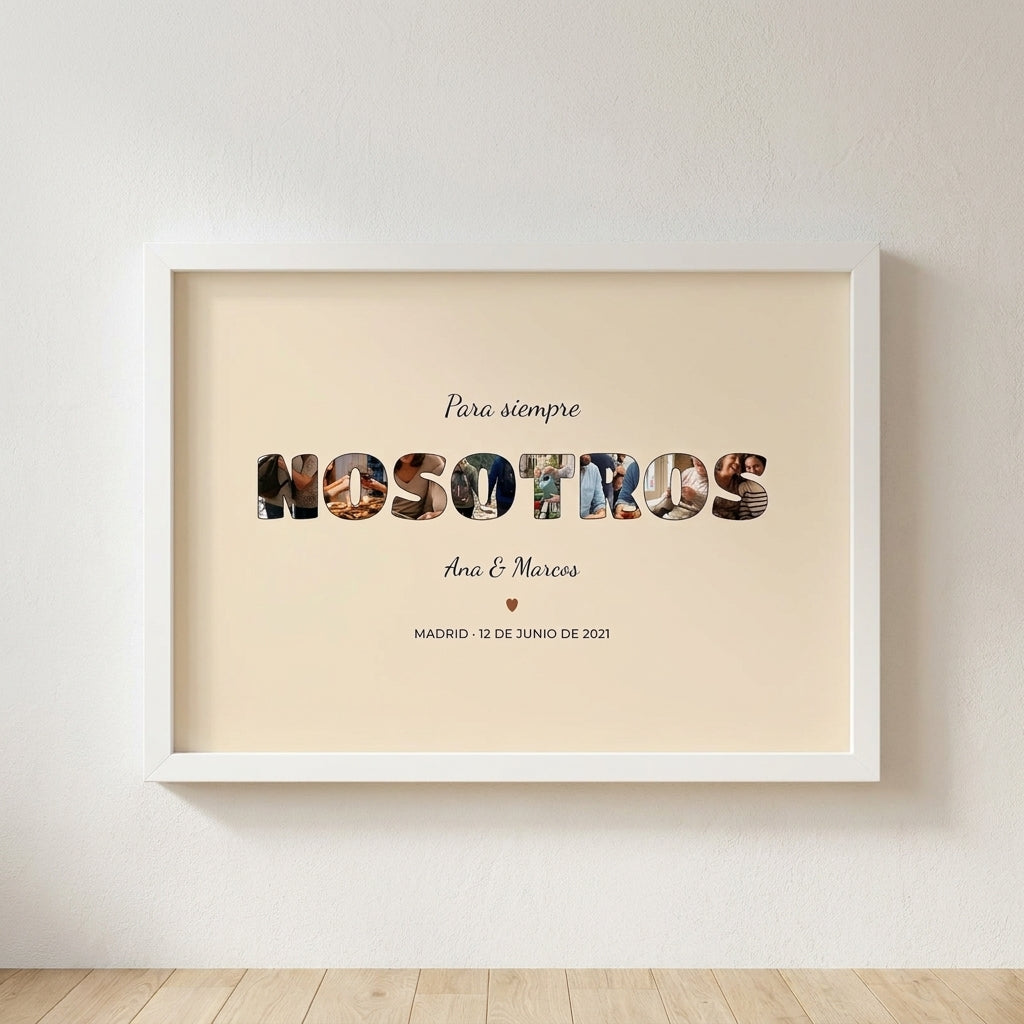 Cuadro personalizado con vuestra palabra rellena de fotos, enmarcado y colgado en una pared clara