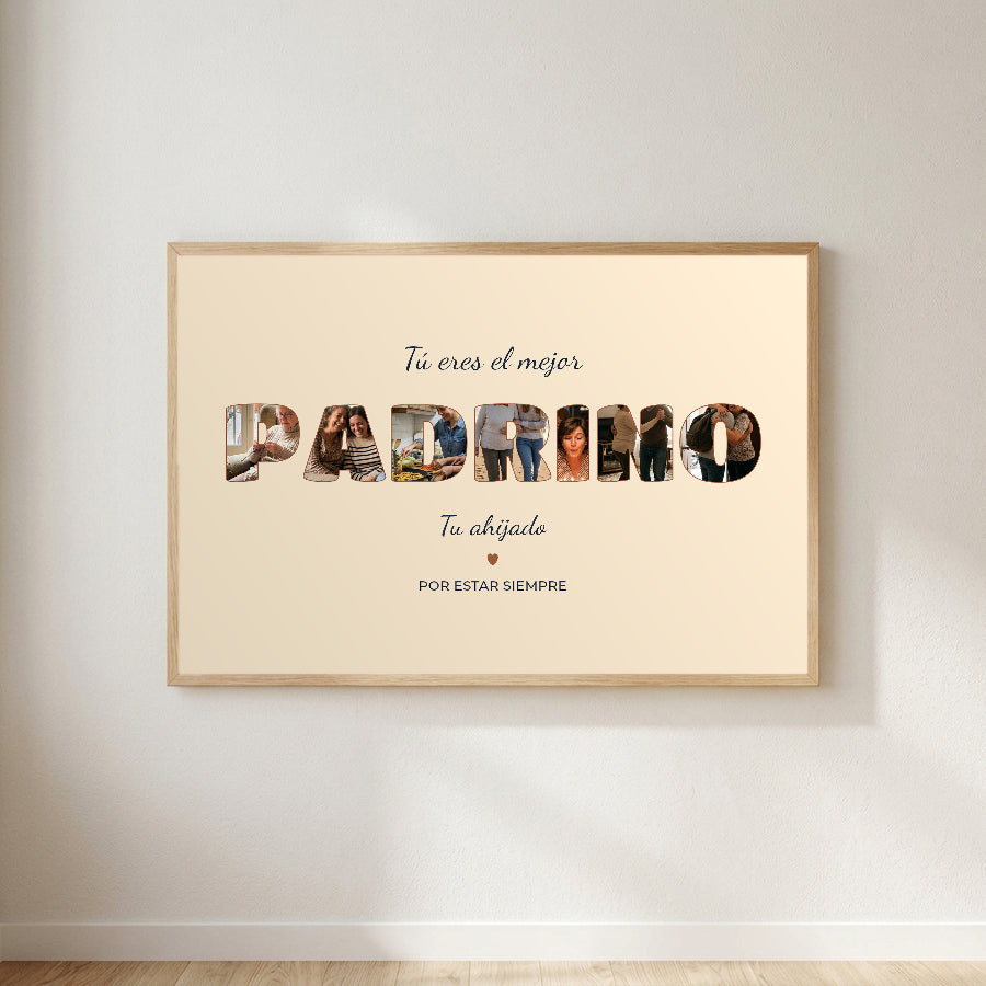Cuadro personalizado para el padrino con fotos dentro de las letras, enmarcado y colgado en una pared clara