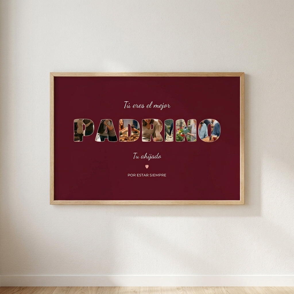 Cuadro personalizado para el padrino con fotos dentro de las letras, enmarcado y colgado en una pared clara