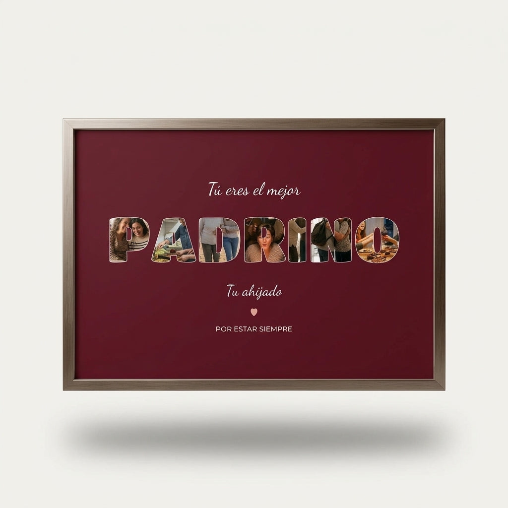Cuadro personalizado para el padrino con fotos dentro de las letras, foto de estudio sobre fondo neutro