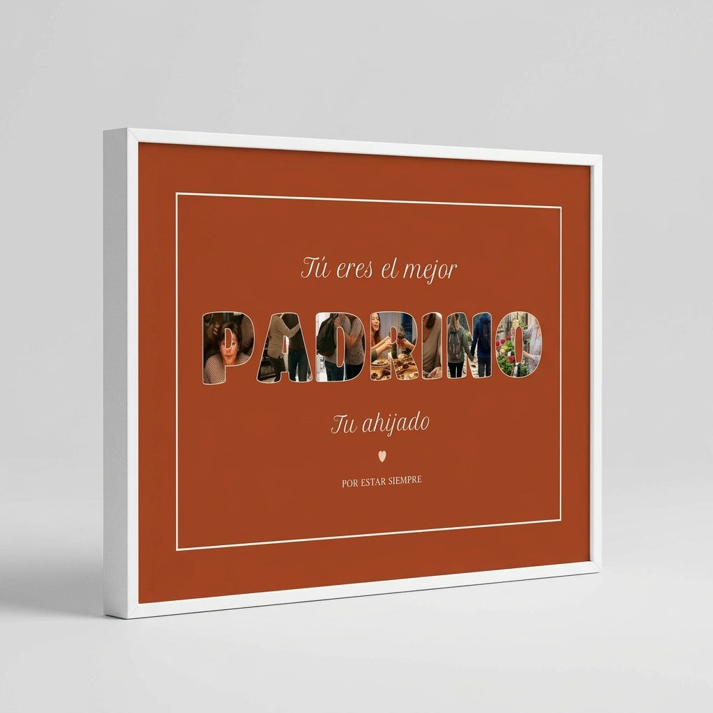 Cuadro personalizado para el padrino con fotos dentro de las letras, visto de perfil para apreciar el grosor del marco