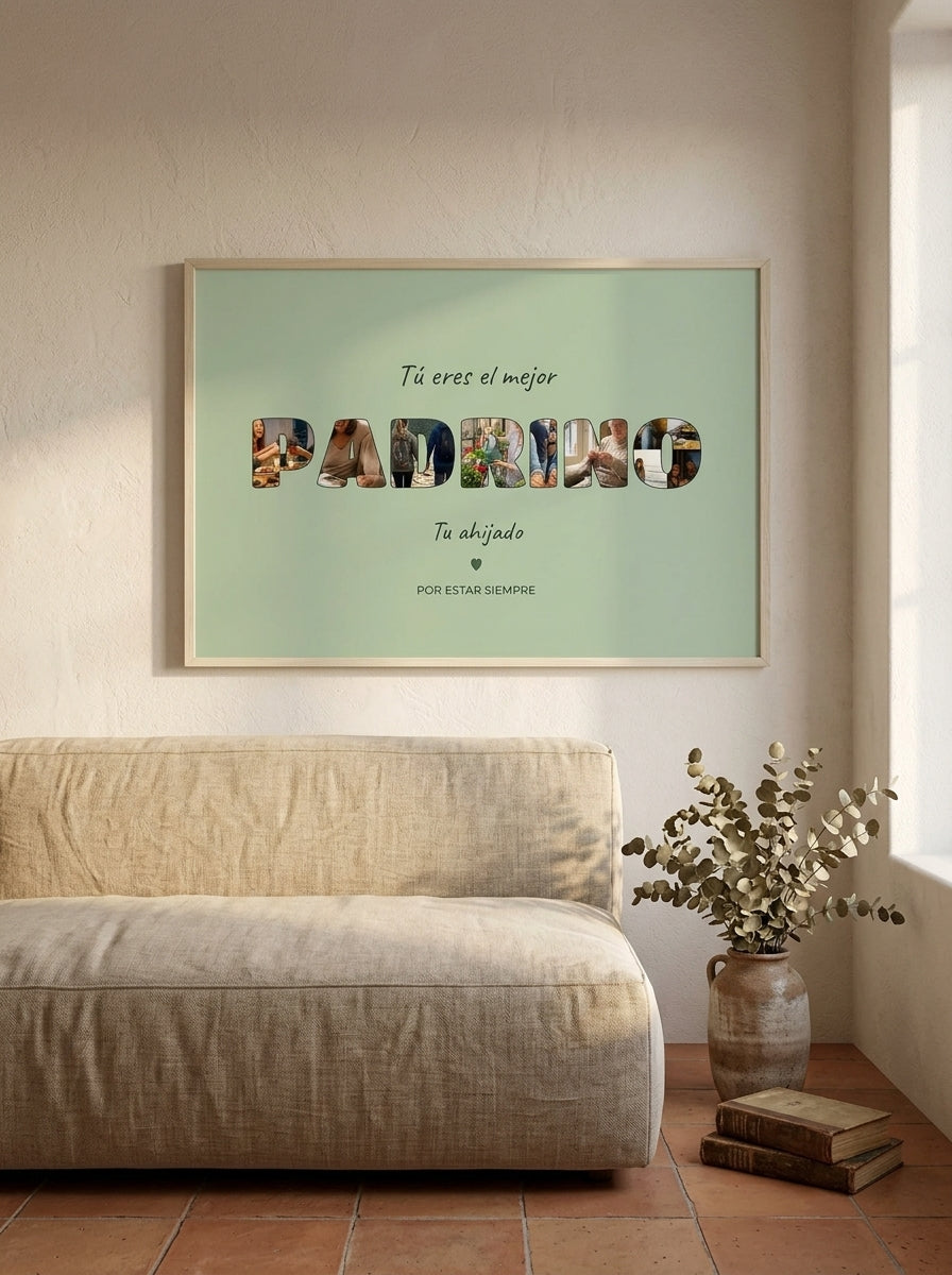 Cuadro personalizado para el padrino con fotos dentro de las letras colgado en un salón con luz natural