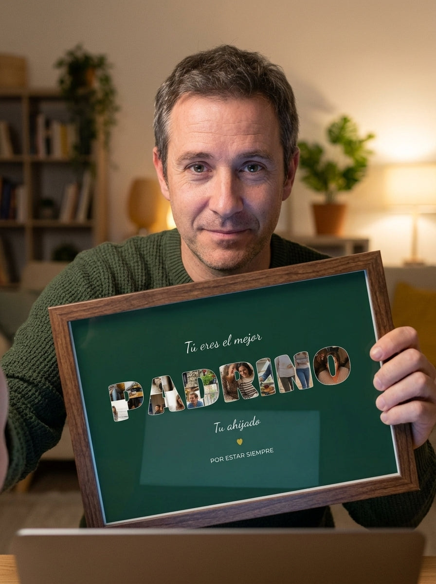 Mirando cuadro personalizado para el padrino con fotos dentro de las letras recién colgado