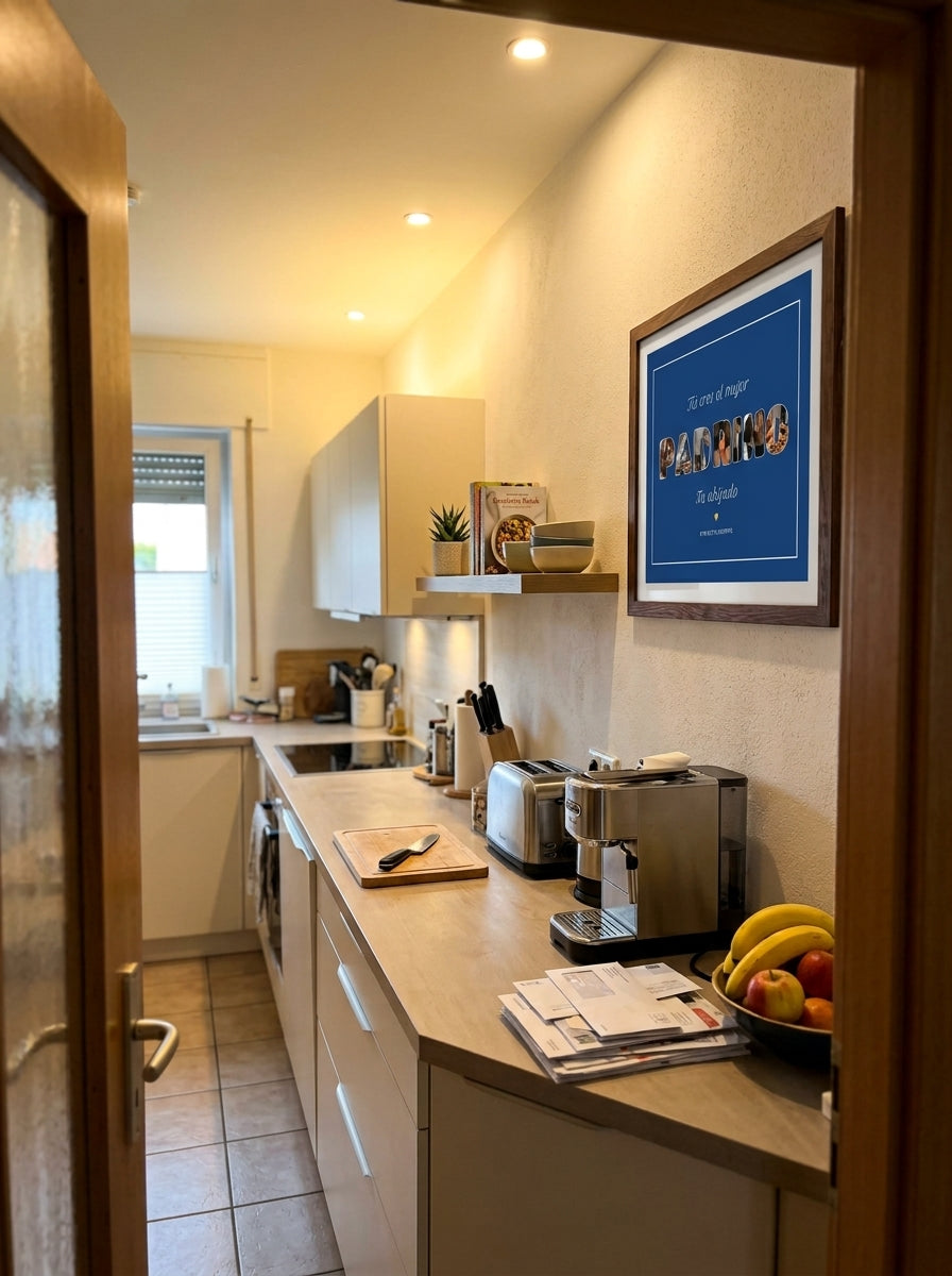 Cuadro personalizado para el padrino con fotos dentro de las letras visto desde la puerta de la habitación