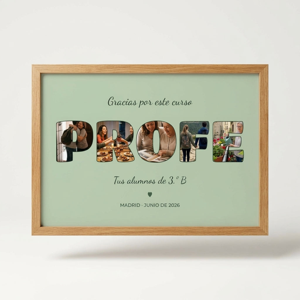 Quadro personalizado para el profe con fotos dentro de las letras, foto de estudio sobre fondo neutro