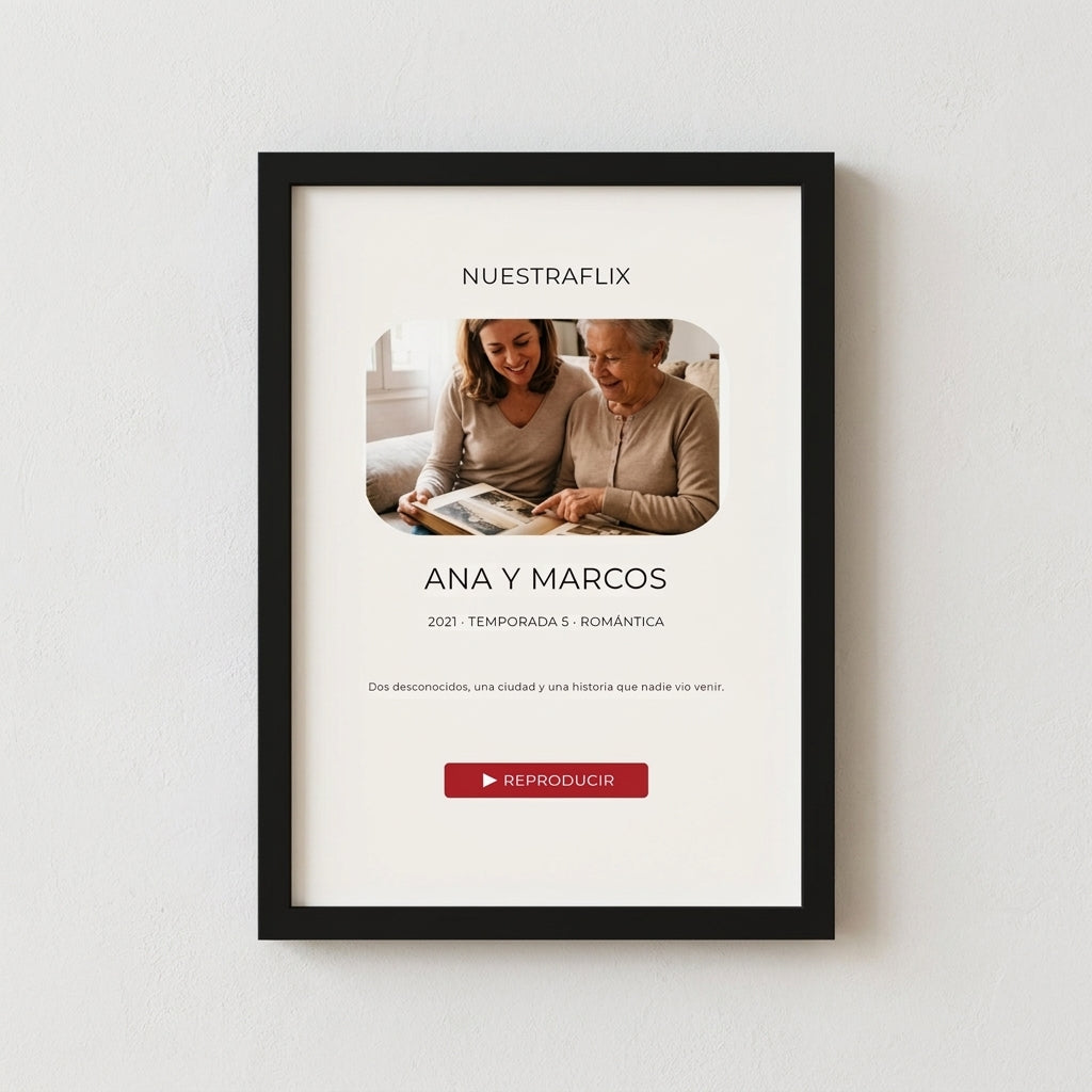 Cuadro personalizado estilo serie con vuestra foto, enmarcado y colgado en una pared clara