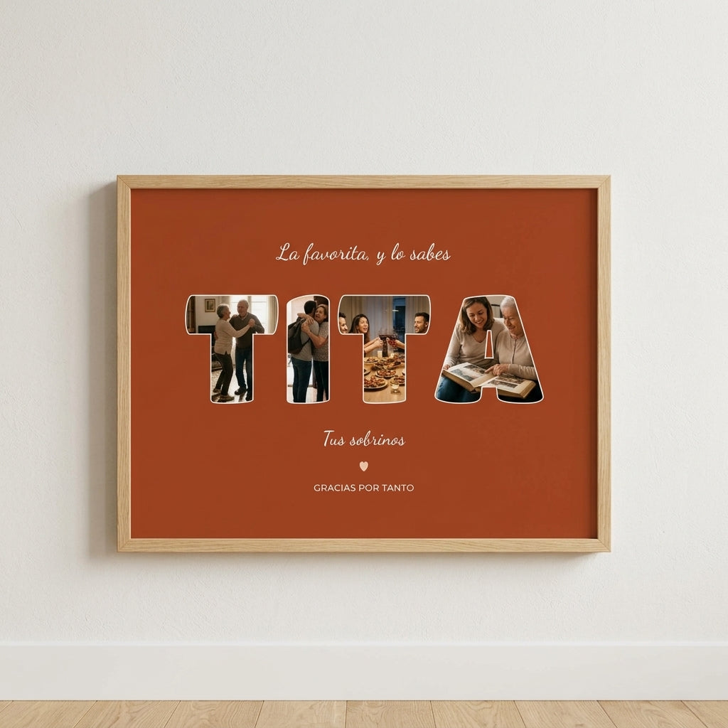 Cuadro personalizado para la tita con fotos dentro de las letras, enmarcado y colgado en una pared clara