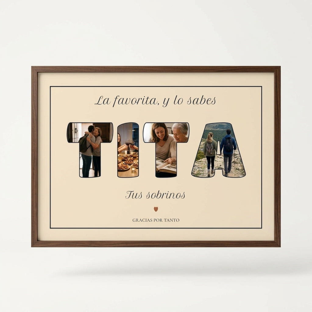 Cuadro personalizado para la tita con fotos dentro de las letras, foto de estudio sobre fondo neutro