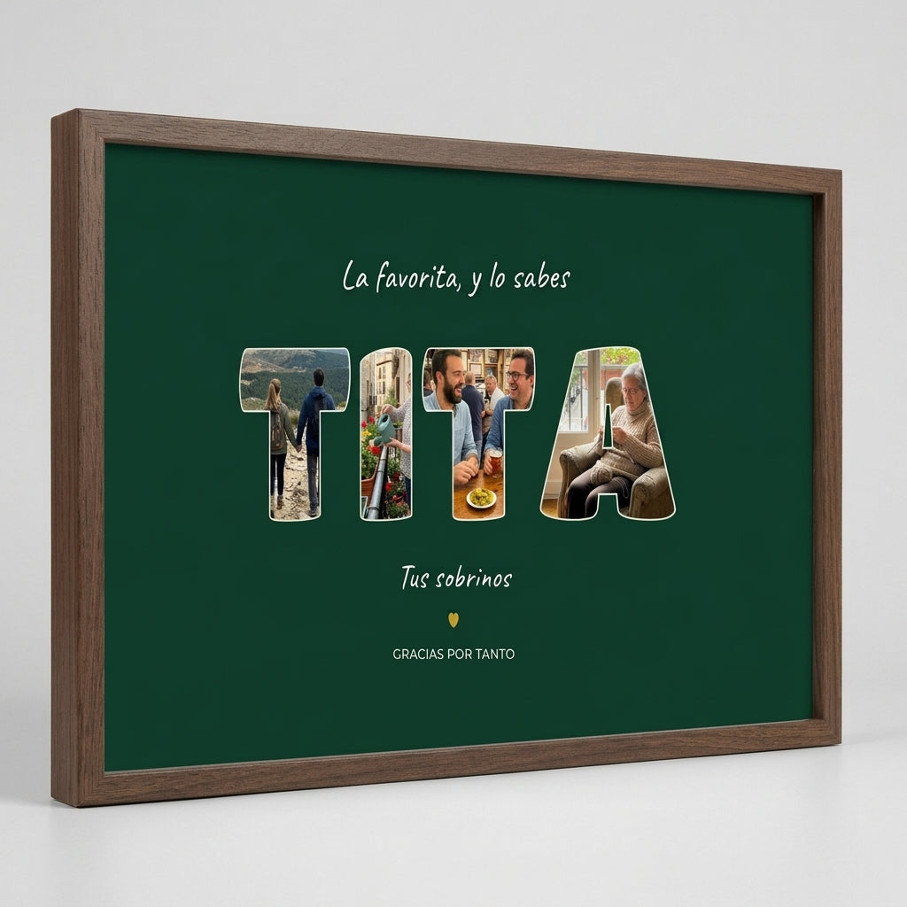 Cuadro personalizado para la tita con fotos dentro de las letras, visto de perfil para apreciar el grosor del marco
