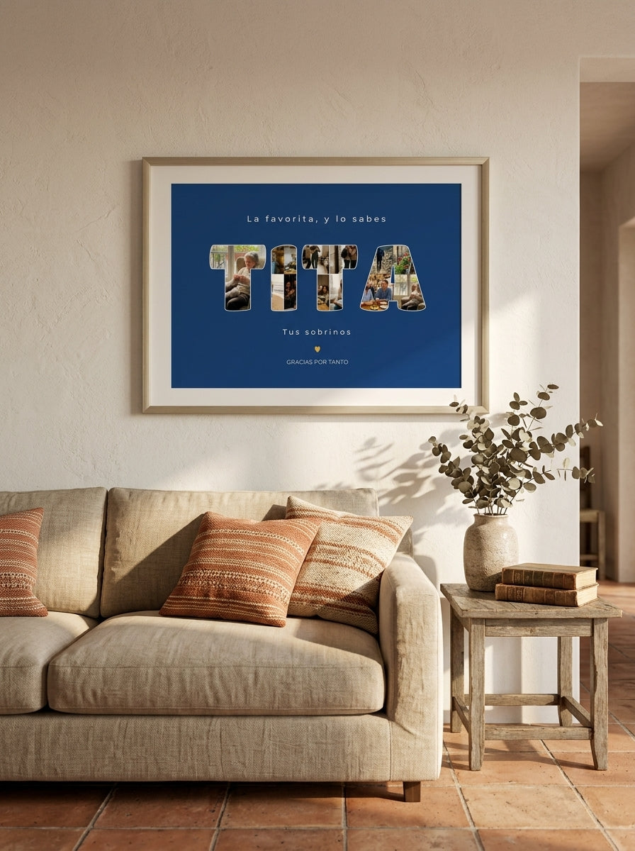 Cuadro personalizado para la tita con fotos dentro de las letras colgado en un salón con luz natural