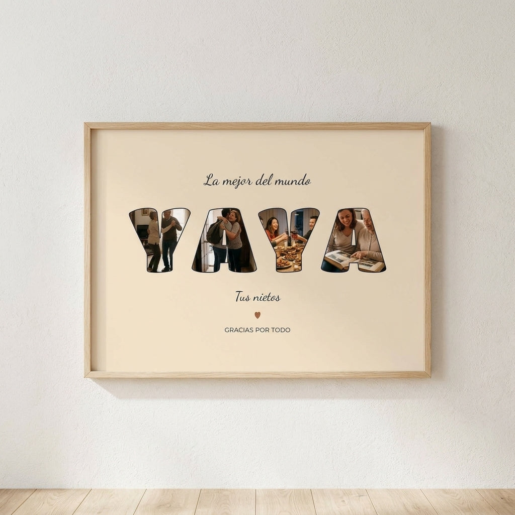 Cuadro personalizado para la yaya con fotos dentro de las letras, enmarcado y colgado en una pared clara