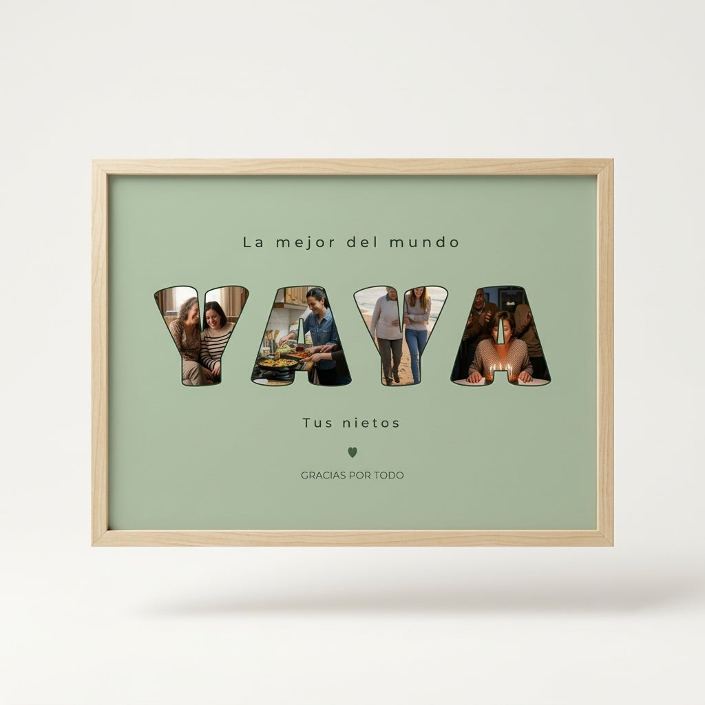 Cuadro personalizado para la yaya con fotos dentro de las letras, foto de estudio sobre fondo neutro