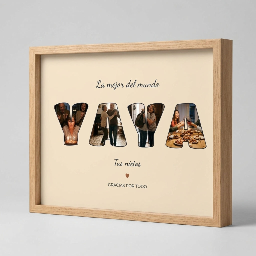 Cuadro personalizado para la yaya con fotos dentro de las letras, visto de perfil para apreciar el grosor del marco