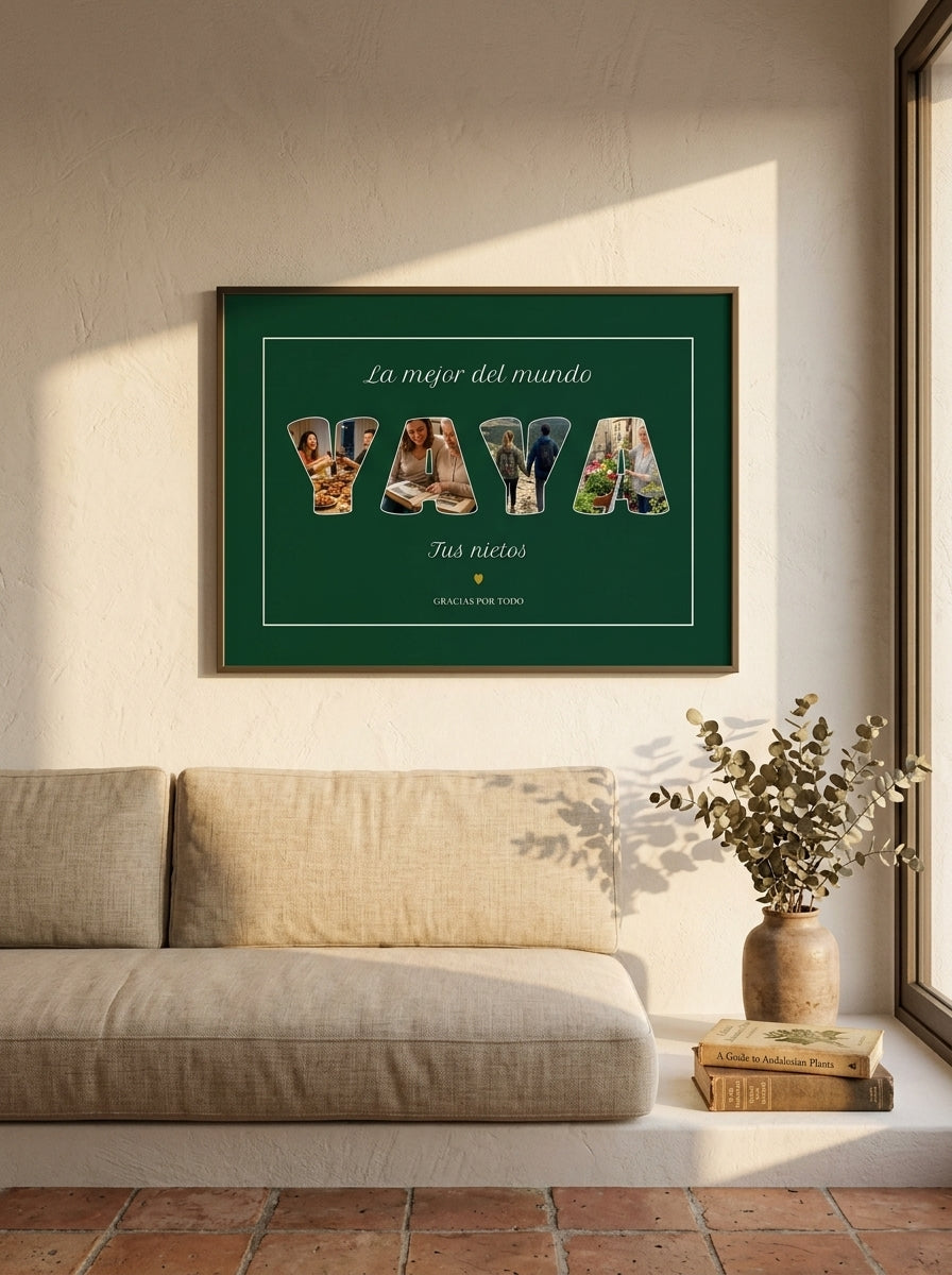 Cuadro personalizado para la yaya con fotos dentro de las letras colgado en un salón con luz natural