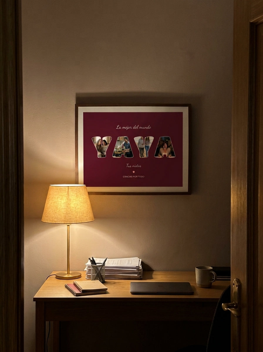 Cuadro personalizado para la yaya con fotos dentro de las letras visto desde la puerta de la habitación