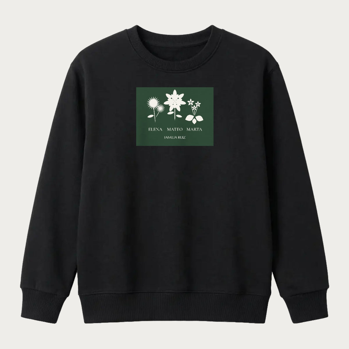 Sudadera negra con el ramo de flores de nacimiento sobre panel verde y los nombres