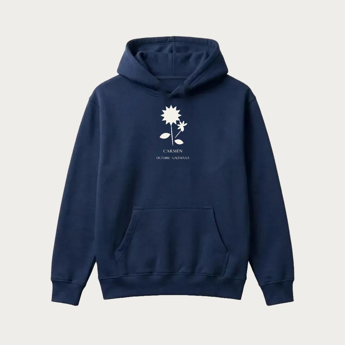 Sudadera con capucha azul marina con la flor del mes de nacimiento y el nombre