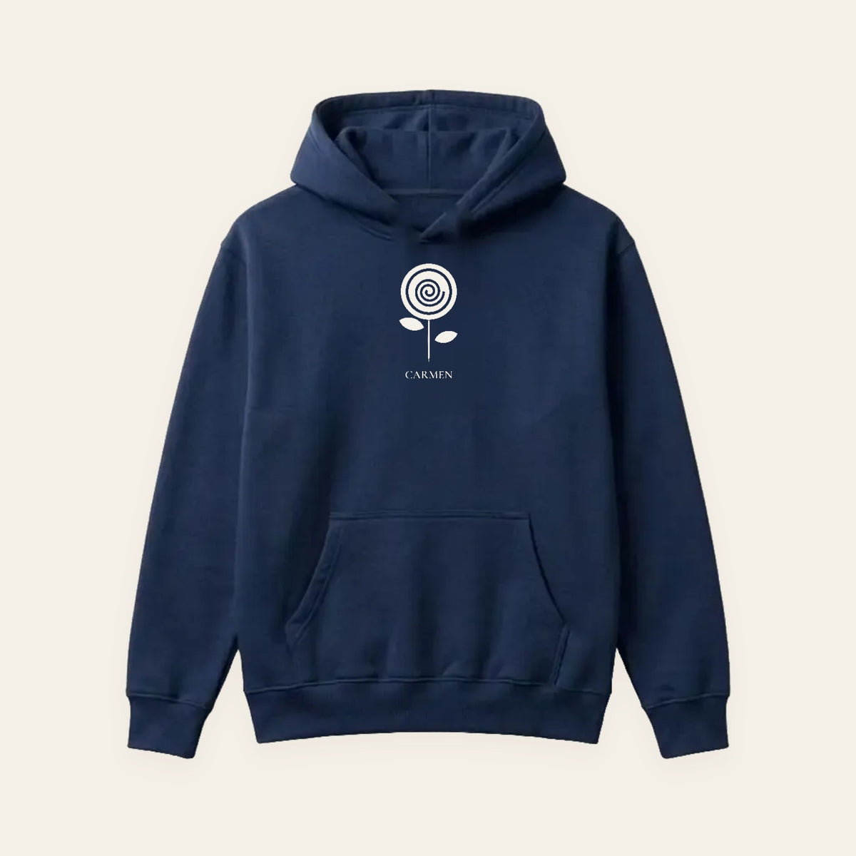 Sudadera con capucha azul marina con la flor del mes de nacimiento y el nombre